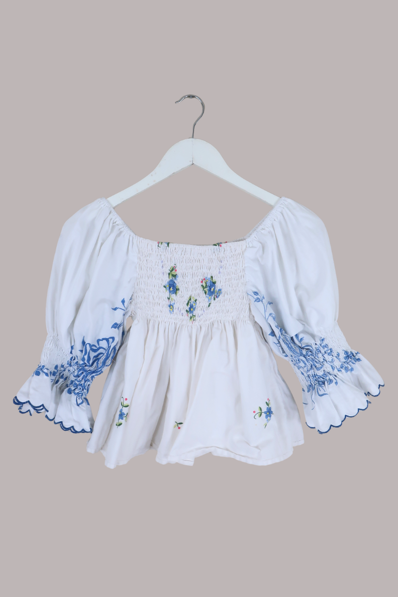 Lucia Vintage Tablecloth Ruched Top in Ides of March Blue Embroidery