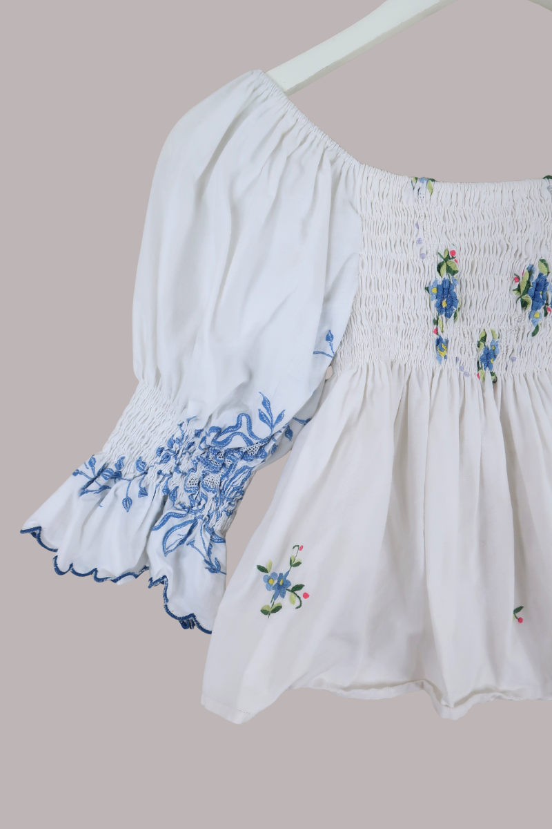 Lucia Vintage Tablecloth Ruched Top in Ides of March Blue Embroidery