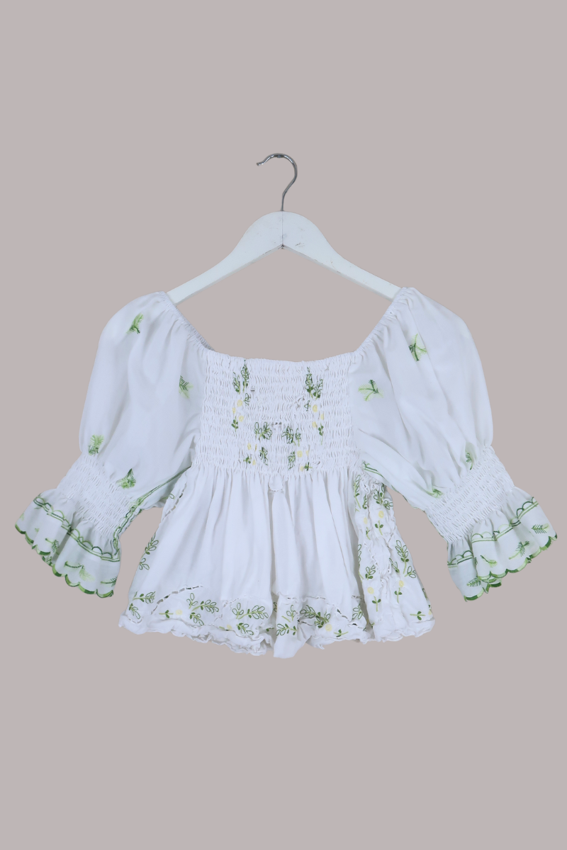 Lucia Vintage Tablecloth Ruched Top in White Daffodils