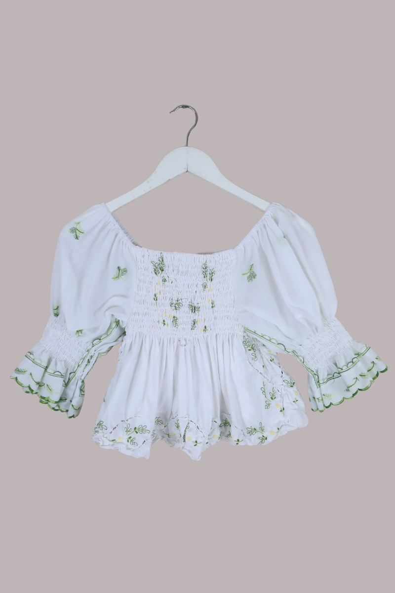 Lucia Vintage Tablecloth Ruched Top in White Daffodils