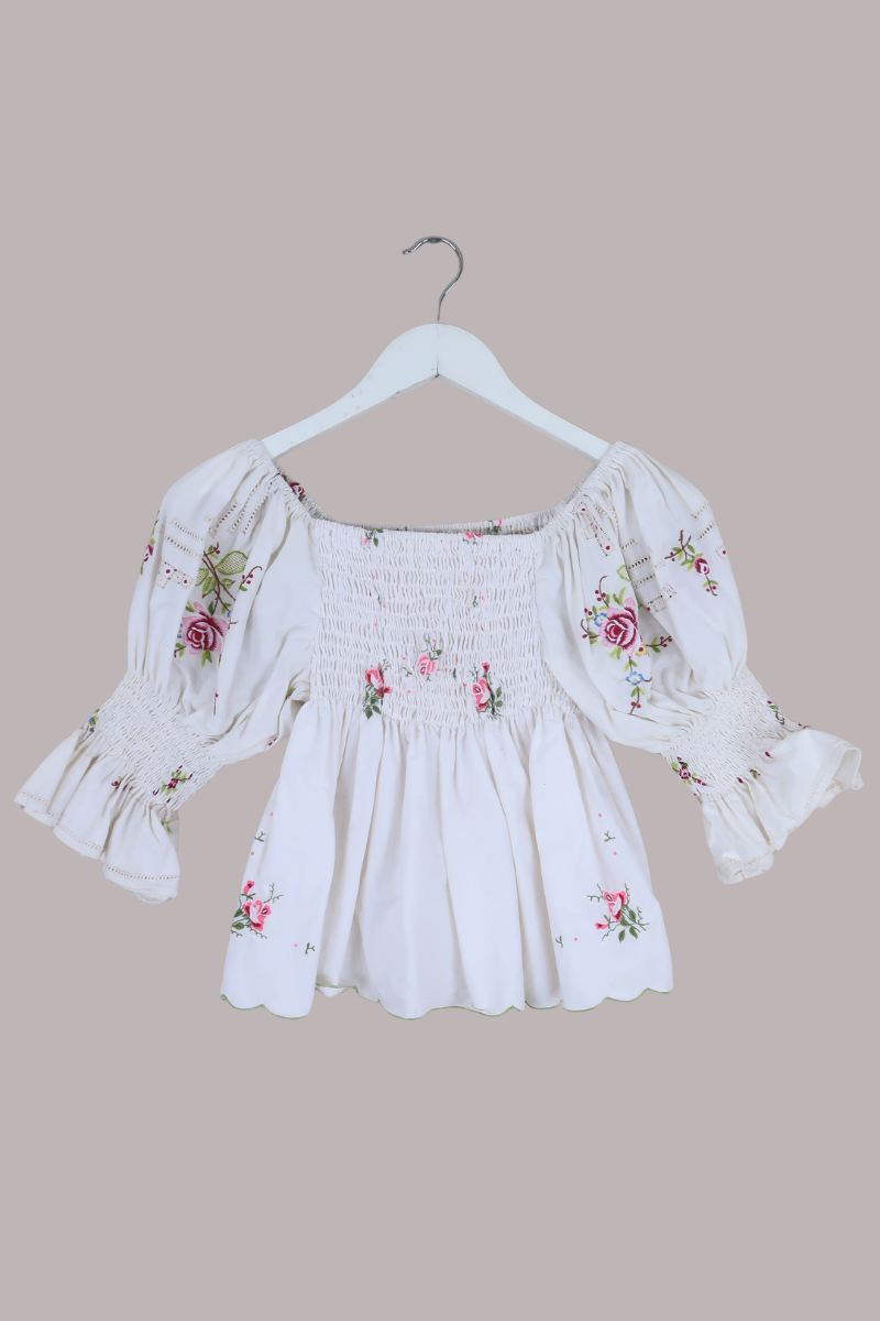 Lucia Vintage Tablecloth Ruched Top in Fairytale Roses