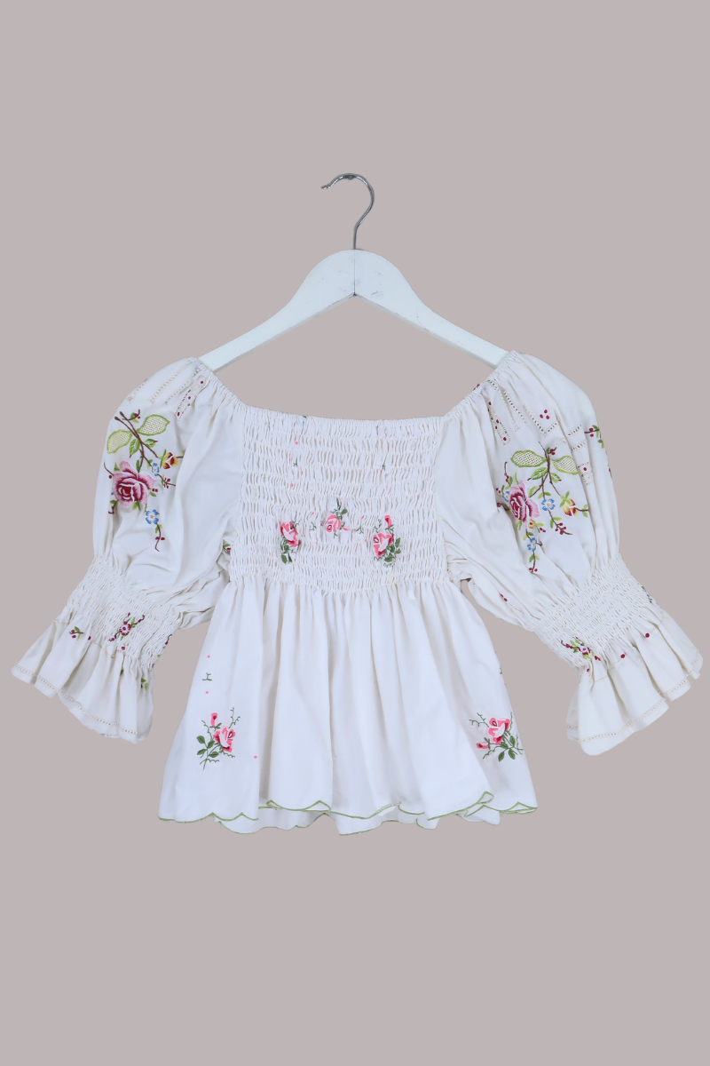 Lucia Vintage Tablecloth Ruched Top in Fairytale Roses