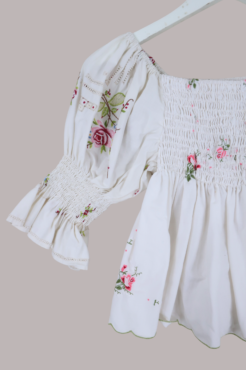 Lucia Vintage Tablecloth Ruched Top in Fairytale Roses