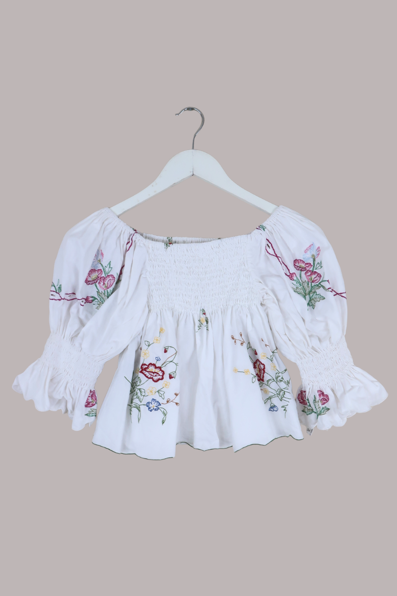 Lucia Vintage Tablecloth Ruched Top in Vivid Red & Blue Meadow