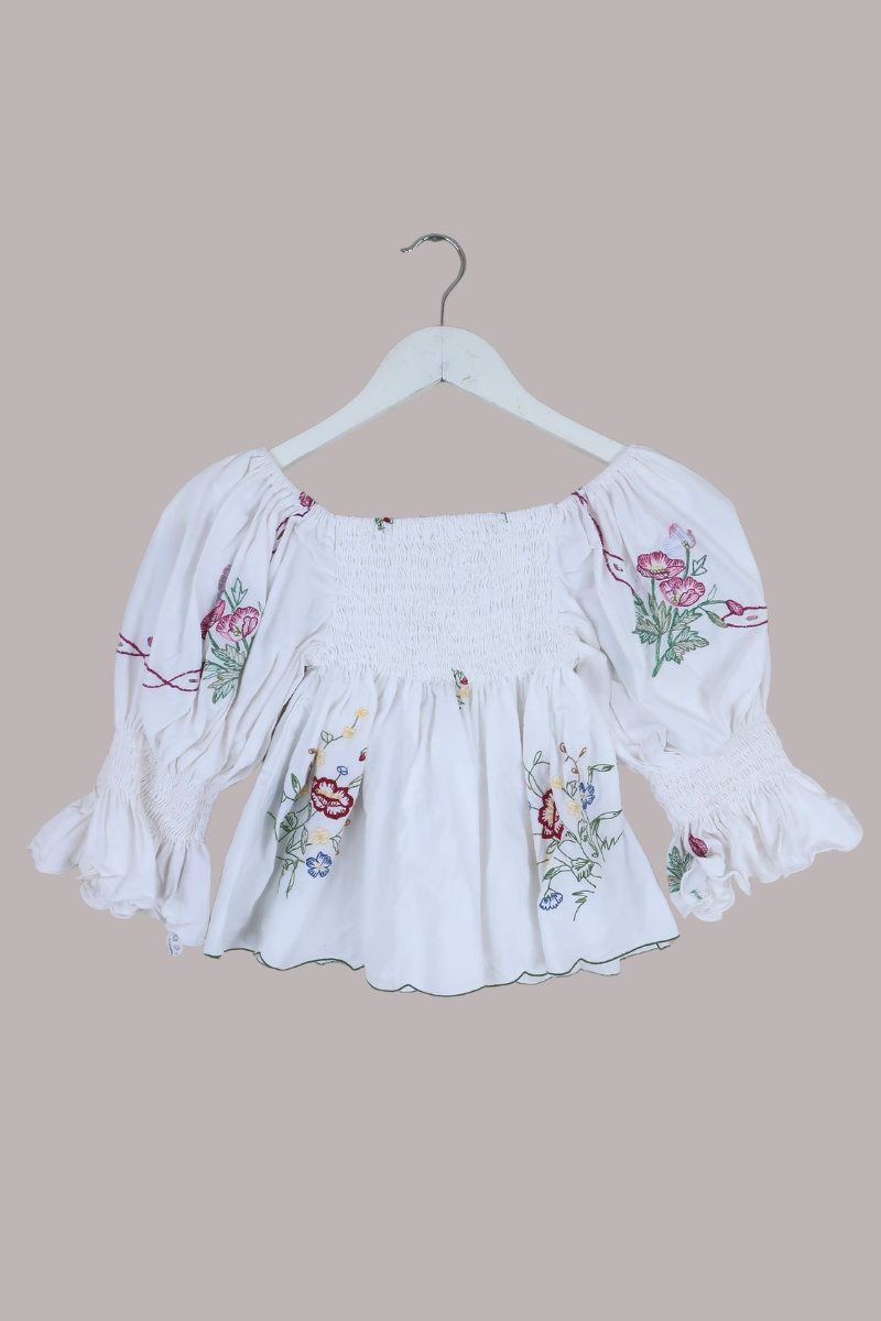 Lucia Vintage Tablecloth Ruched Top in Vivid Red & Blue Meadow