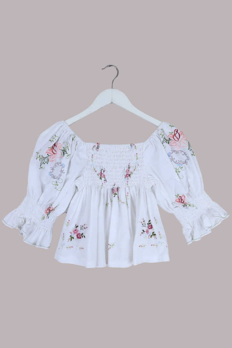 Lucia Vintage Tablecloth Ruched Top in Baby Blue & Pink Floral Bunting