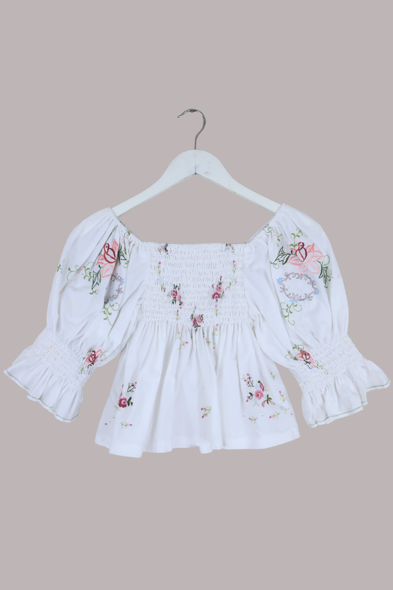 Lucia Vintage Tablecloth Ruched Top in Baby Blue & Pink Floral Bunting