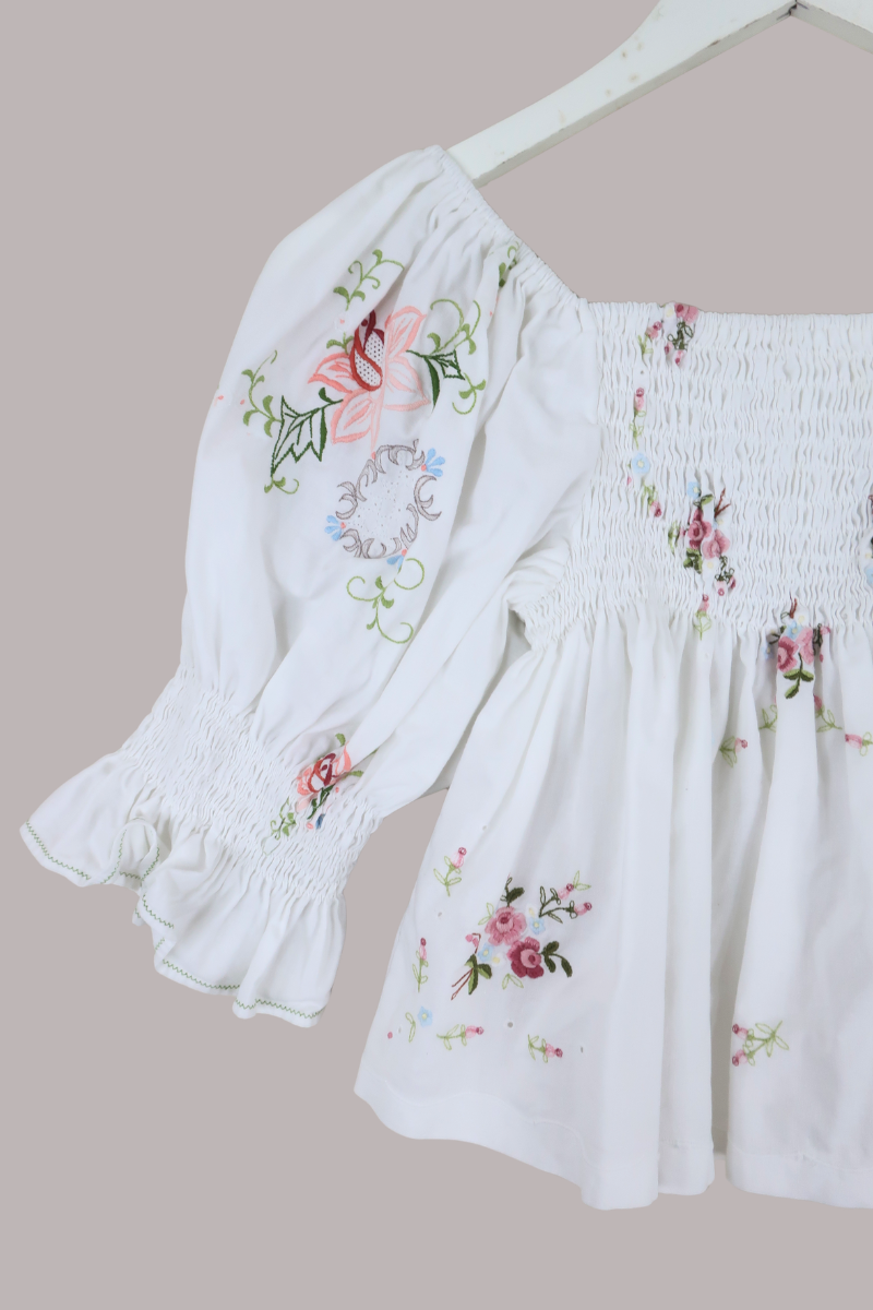 Lucia Vintage Tablecloth Ruched Top in Baby Blue & Pink Floral Bunting