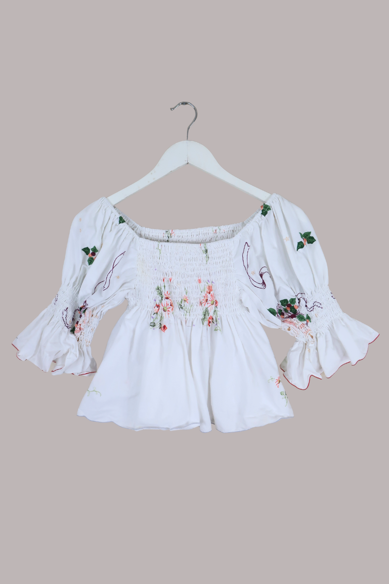 Lucia Vintage Tablecloth Ruched Top in Cherry & Peach Floral Embroidery