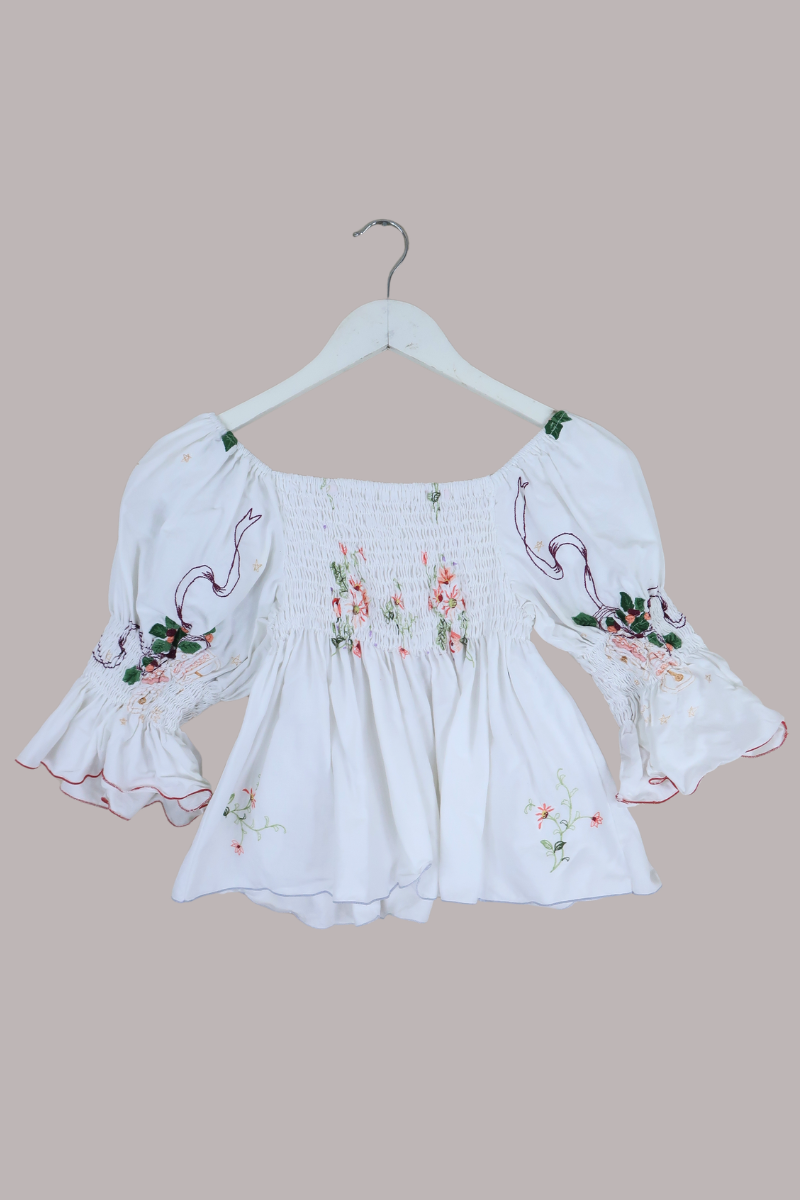 Lucia Vintage Tablecloth Ruched Top in Cherry & Peach Floral Embroidery