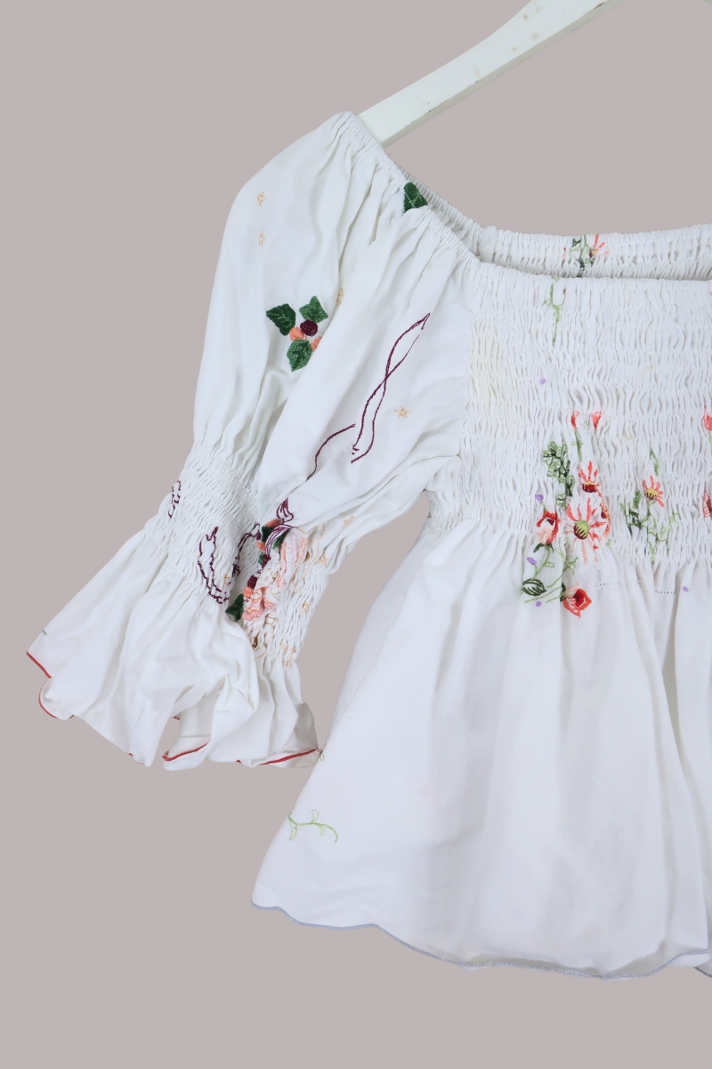 Lucia Vintage Tablecloth Ruched Top in Cherry & Peach Floral Embroidery