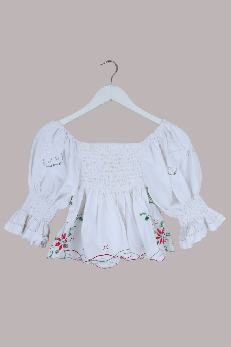 Lucia Vintage Tablecloth Ruched Top in Poinsettia Red Embroidery