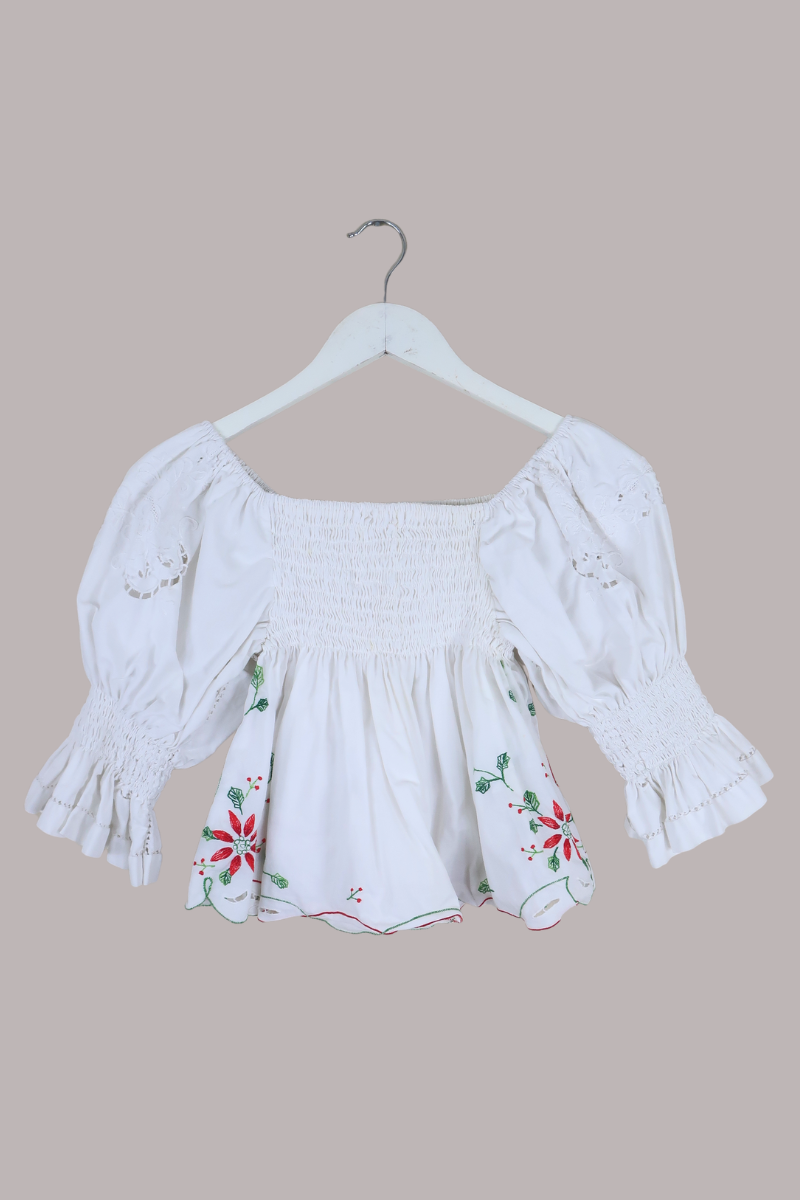 Lucia Vintage Tablecloth Ruched Top in Poinsettia Red Embroidery