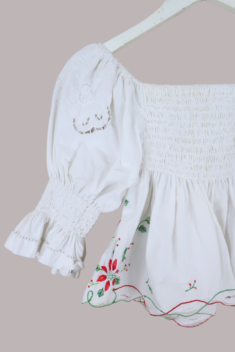 Lucia Vintage Tablecloth Ruched Top in Poinsettia Red Embroidery