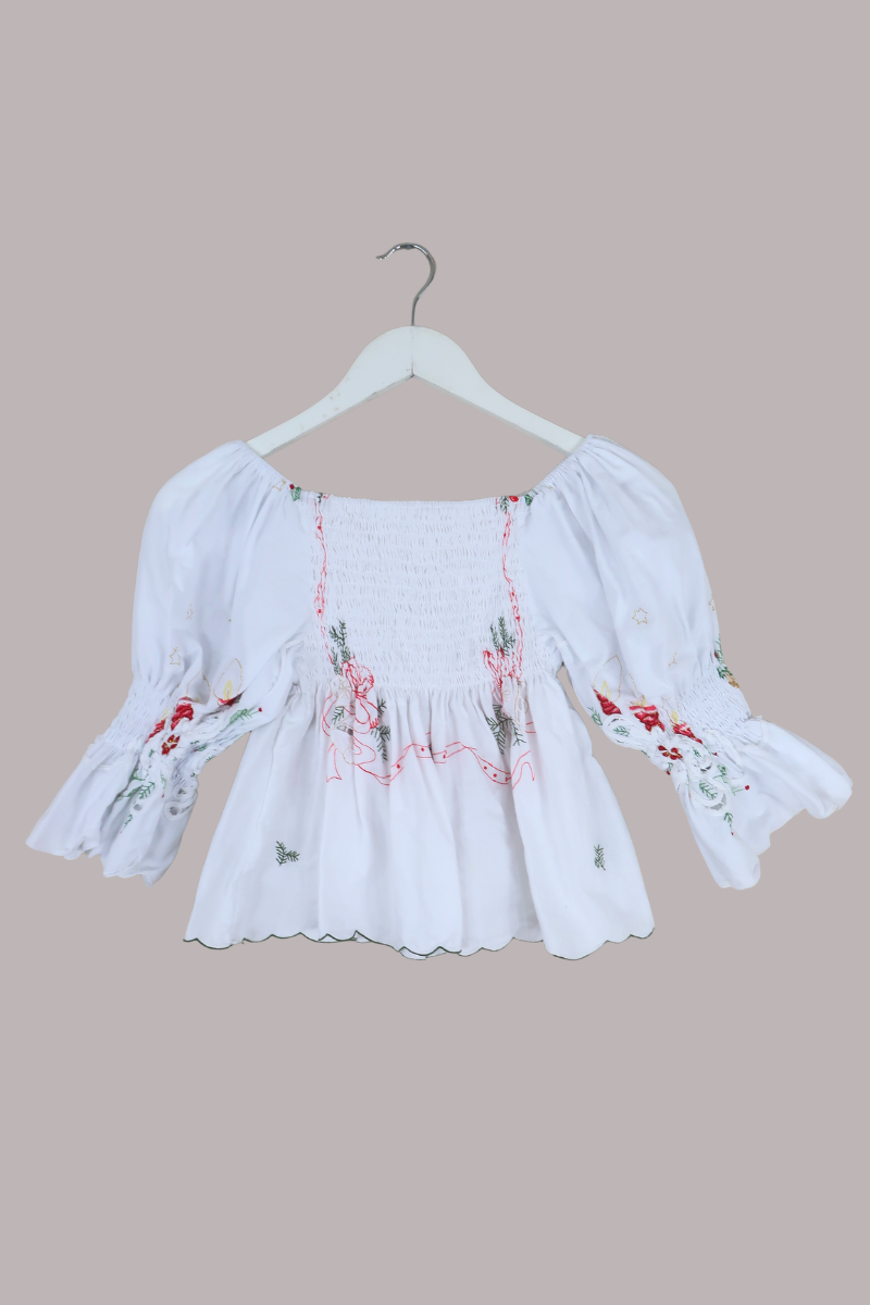 Lucia Vintage Tablecloth Ruched Top in Candle in the Wind Red