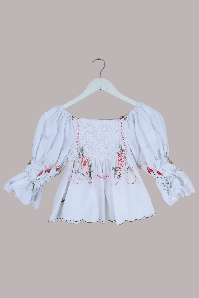 Lucia Vintage Tablecloth Ruched Top in Candle in the Wind Red