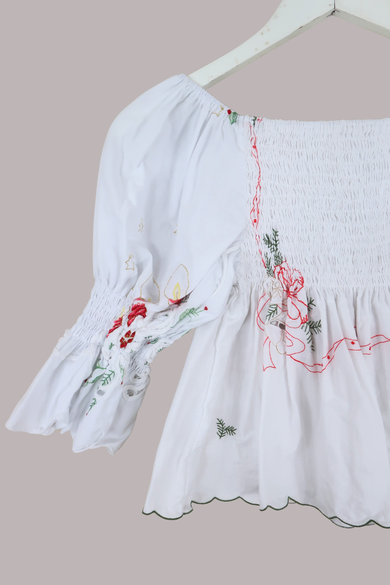 Lucia Vintage Tablecloth Ruched Top in Candle in the Wind Red