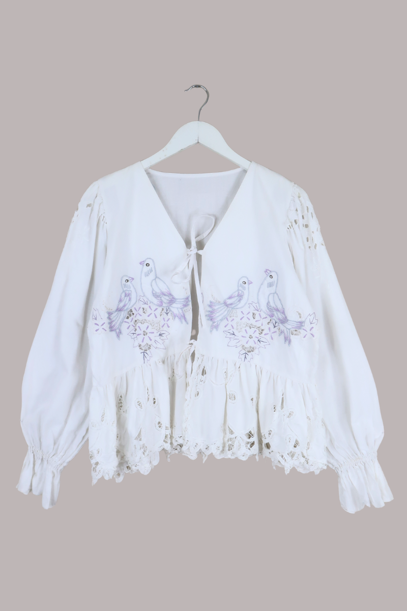 Vintage Tablecloth Peplum Blouse in Pigeon Song - Free Size