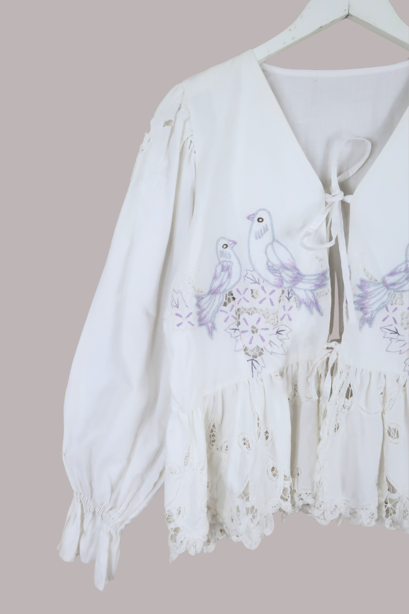 Vintage Tablecloth Peplum Blouse in Pigeon Song - Free Size