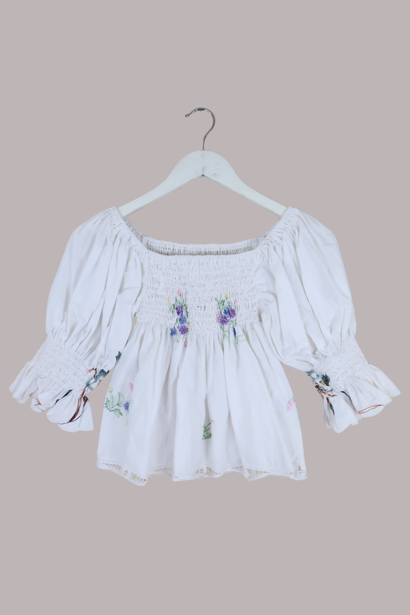 Lucia Vintage Tablecloth Ruched Top in Pastel Purple Pansy Bouquets