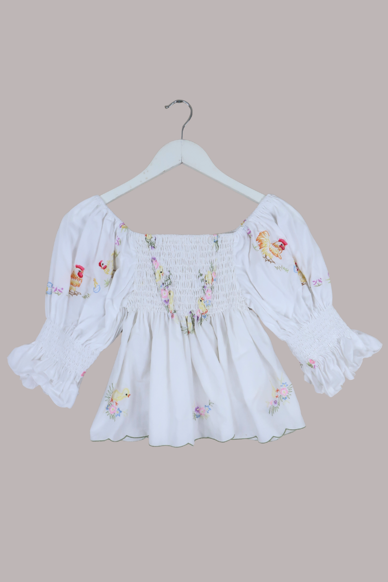 Lucia Vintage Tablecloth Ruched Top in Butter Yellow Chicks