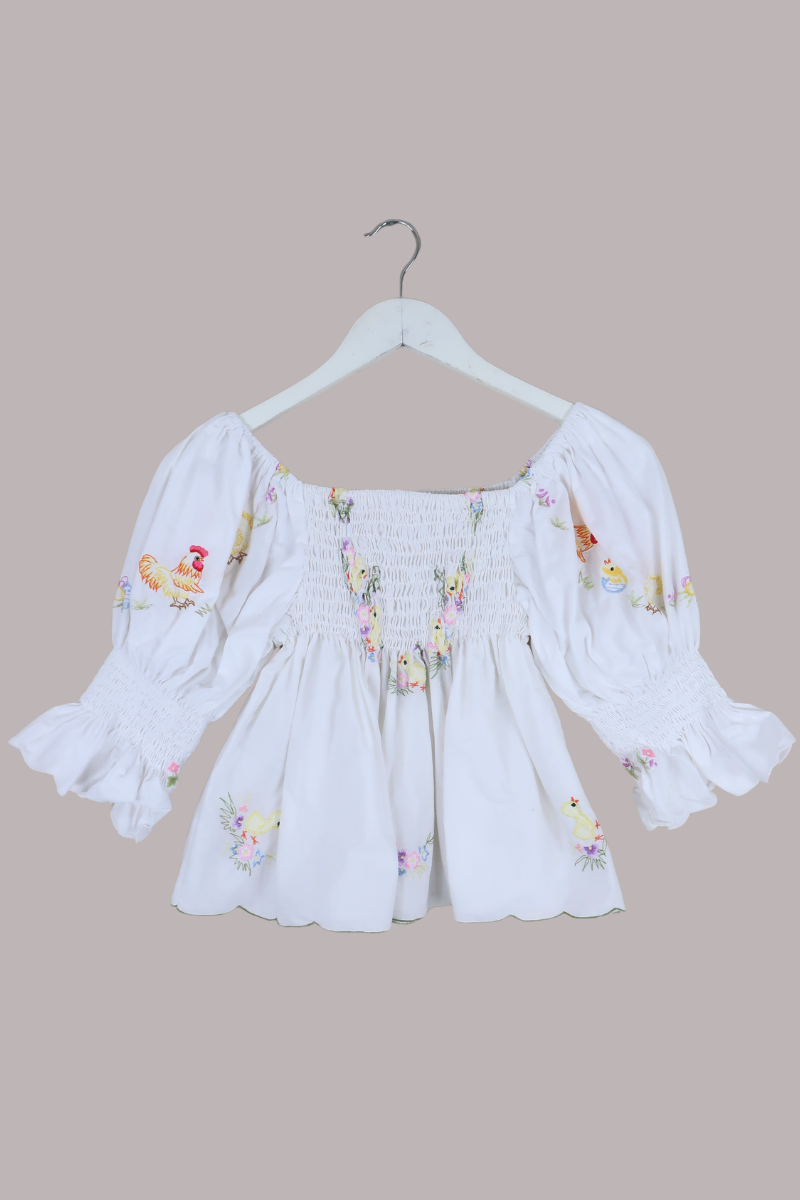 Lucia Vintage Tablecloth Ruched Top in Butter Yellow Chicks