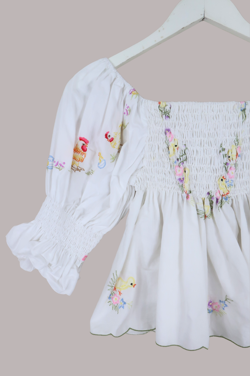 Lucia Vintage Tablecloth Ruched Top in Butter Yellow Chicks