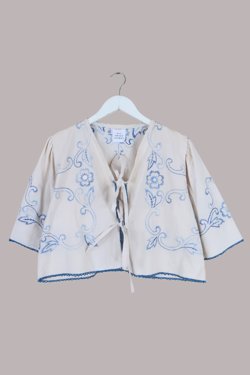 Francesca Vintage Tablecloth Cropped Blouse in Santorini Blue Florals - Free Size