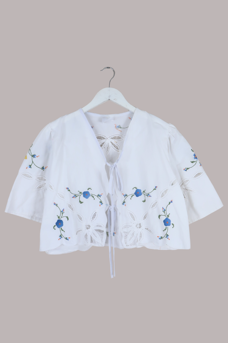 Francesca Vintage Tablecloth Cropped Blouse in True Blue Pansies - Free Size