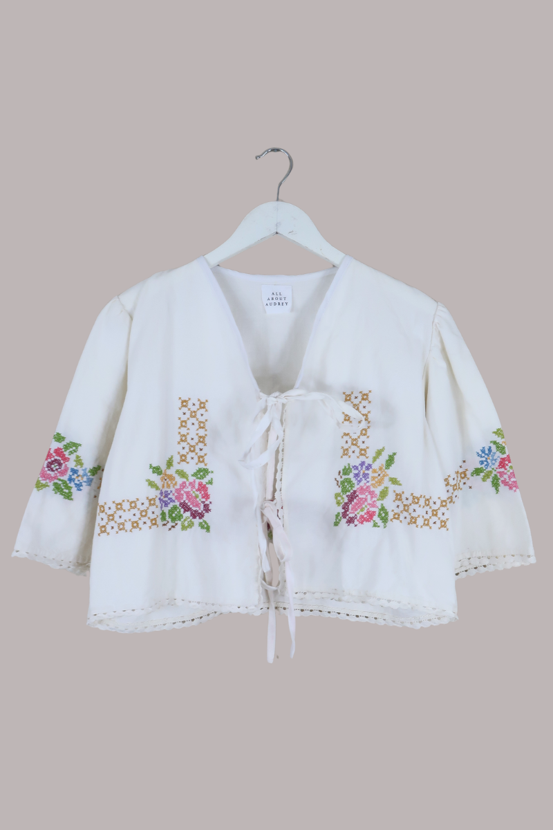 Francesca Vintage Tablecloth Cropped Blouse in Harvest Florals - Free Size
