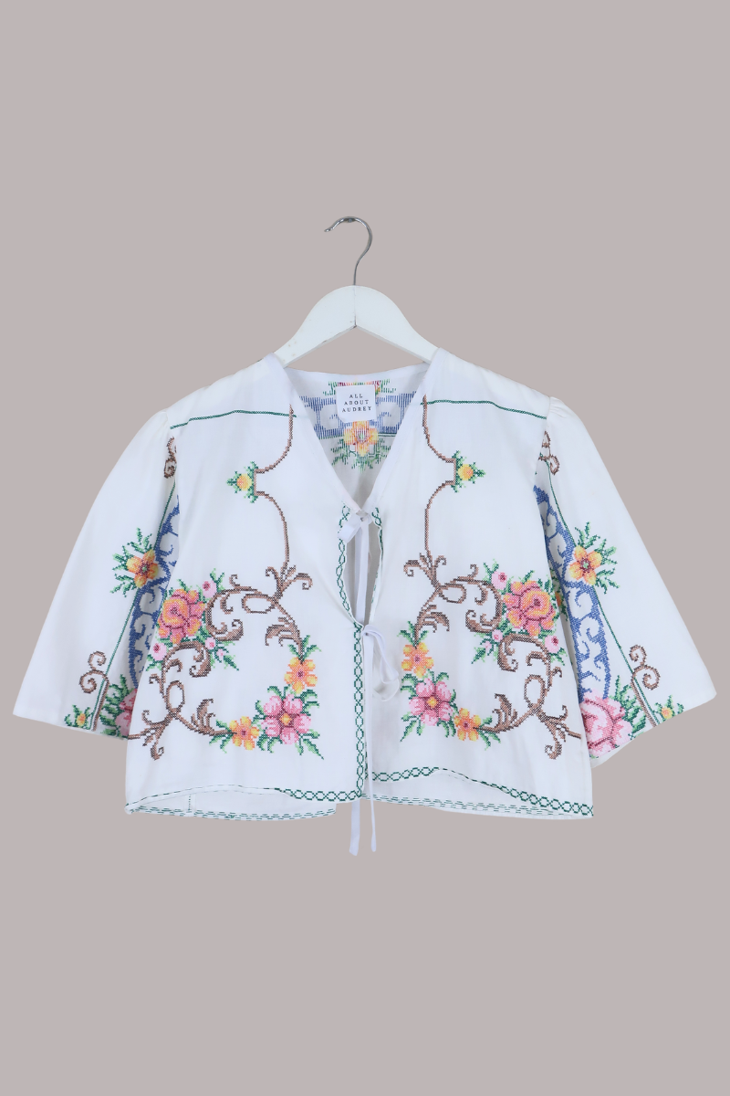 Francesca Vintage Tablecloth Cropped Blouse in Prairie Cross Stitch - Free Size