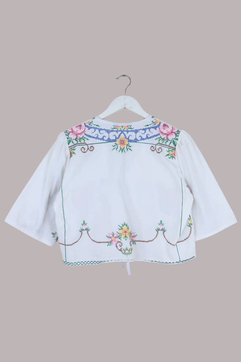Francesca Vintage Tablecloth Cropped Blouse in Prairie Cross Stitch - Free Size