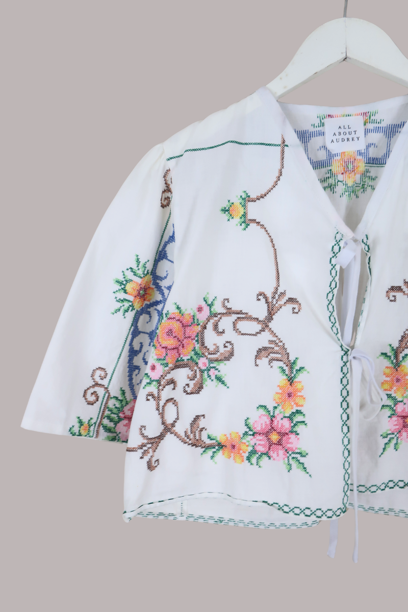 Francesca Vintage Tablecloth Cropped Blouse in Prairie Cross Stitch - Free Size