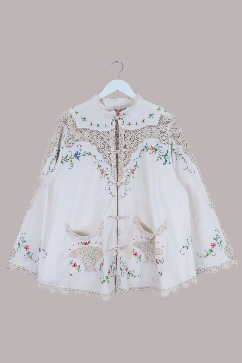 Emmeline Vintage Tablecloth Jacket in Beige Doily Florals