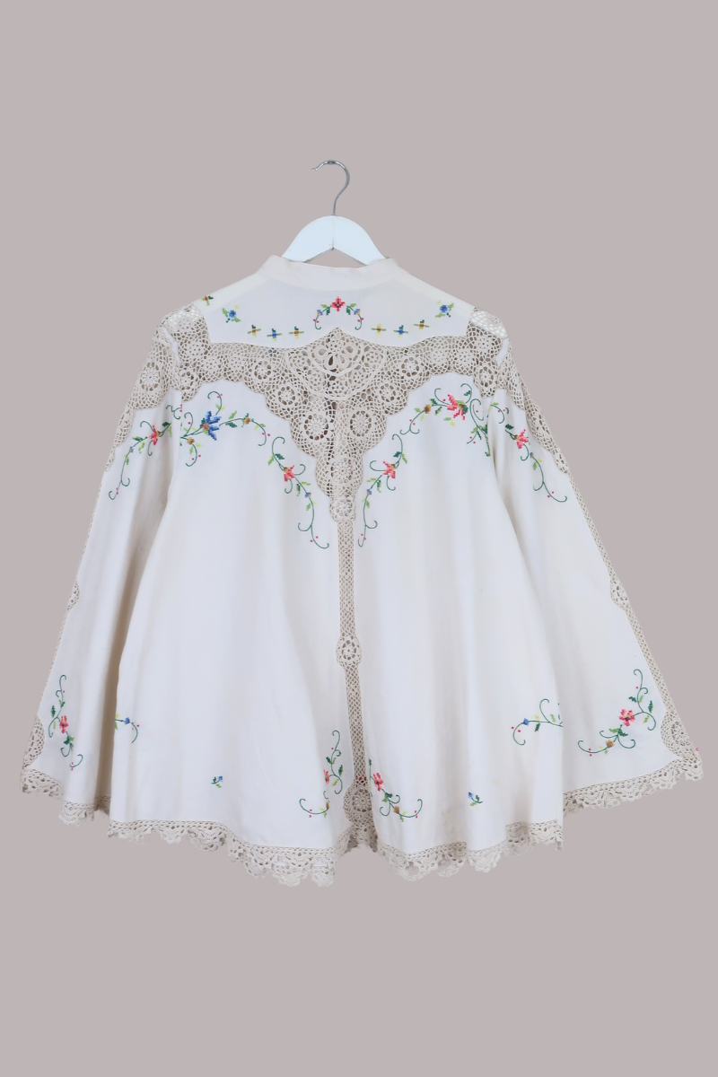 Emmeline Vintage Tablecloth Jacket in Beige Doily Florals