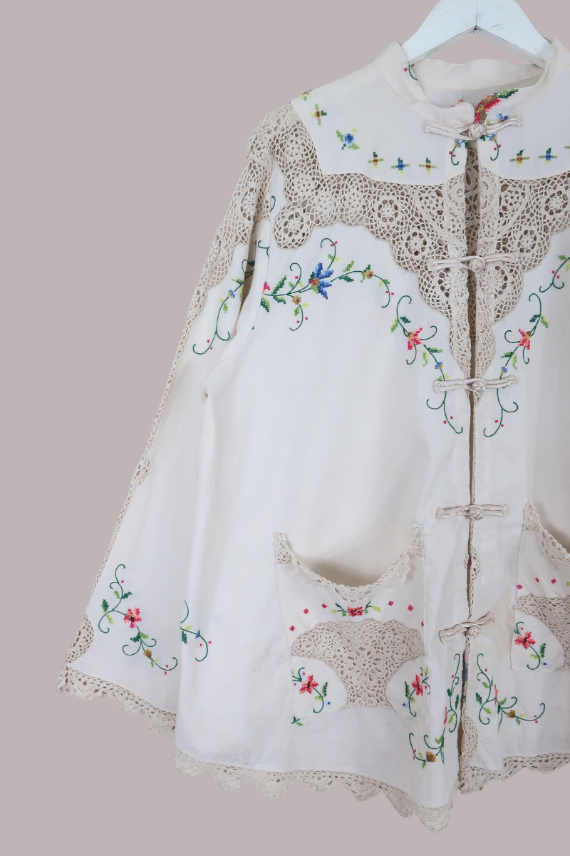 Emmeline Vintage Tablecloth Jacket in Beige Doily Florals