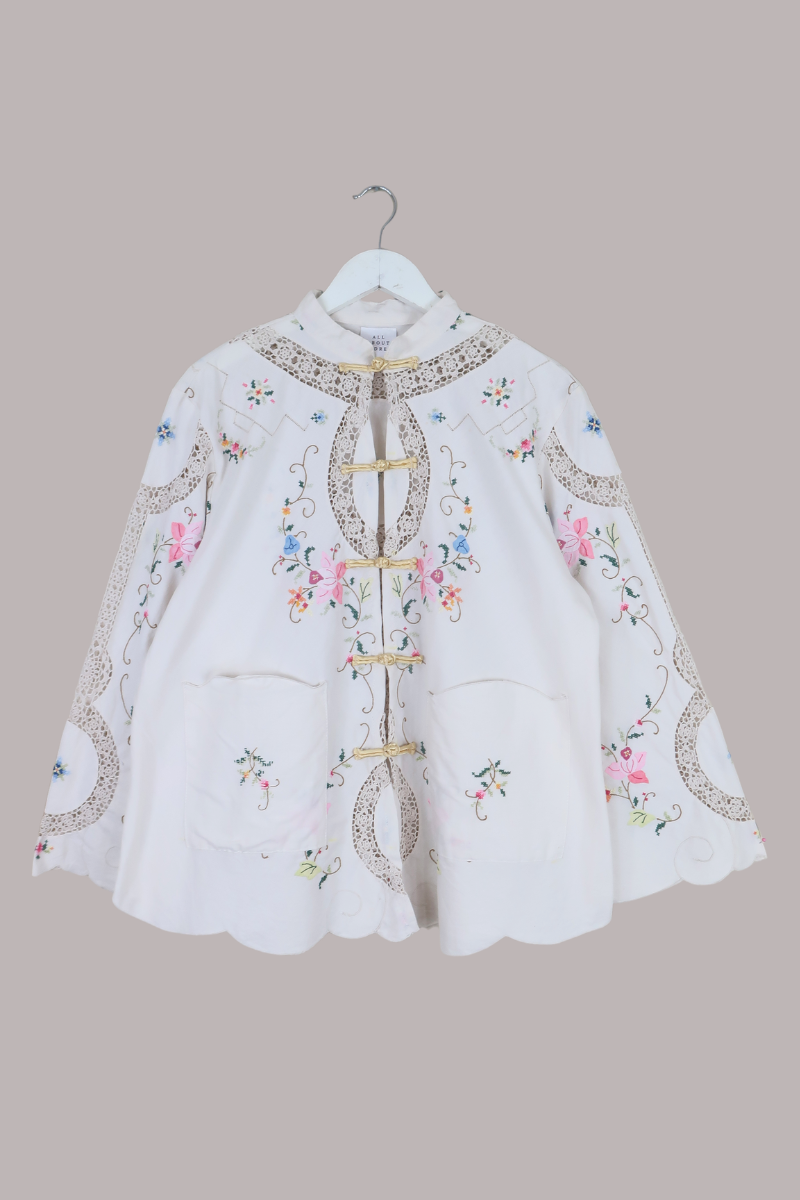 Emmeline Vintage Tablecloth Jacket in Crochet Wildflowers
