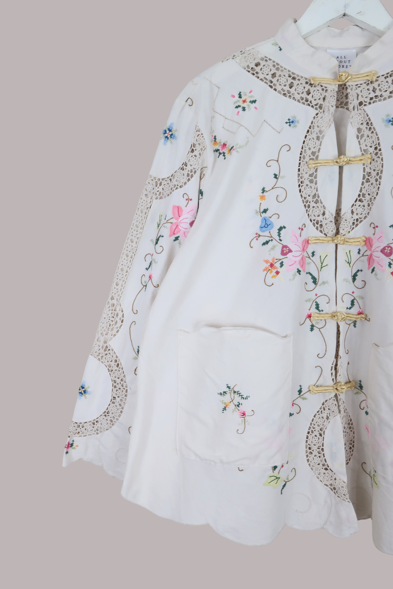 Emmeline Vintage Tablecloth Jacket in Crochet Wildflowers