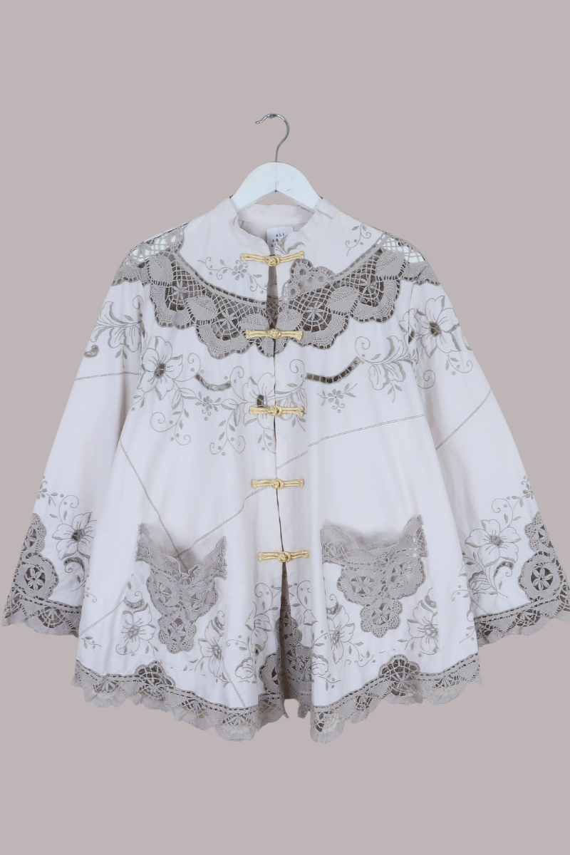 Emmeline Vintage Tablecloth Jacket in Cool Taupe Florals