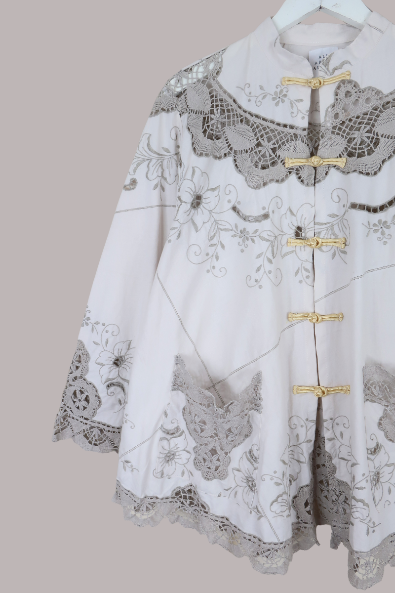 Emmeline Vintage Tablecloth Jacket in Cool Taupe Florals
