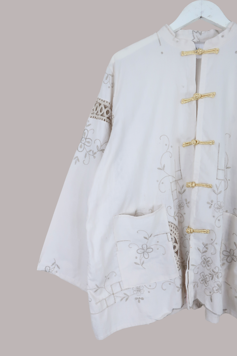 Emmeline Vintage Tablecloth Jacket in Parchment Clovers
