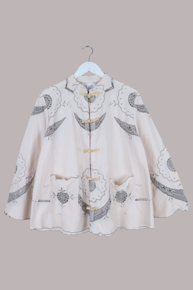 Emmeline Vintage Tablecloth Jacket in Taupe Sunflowers