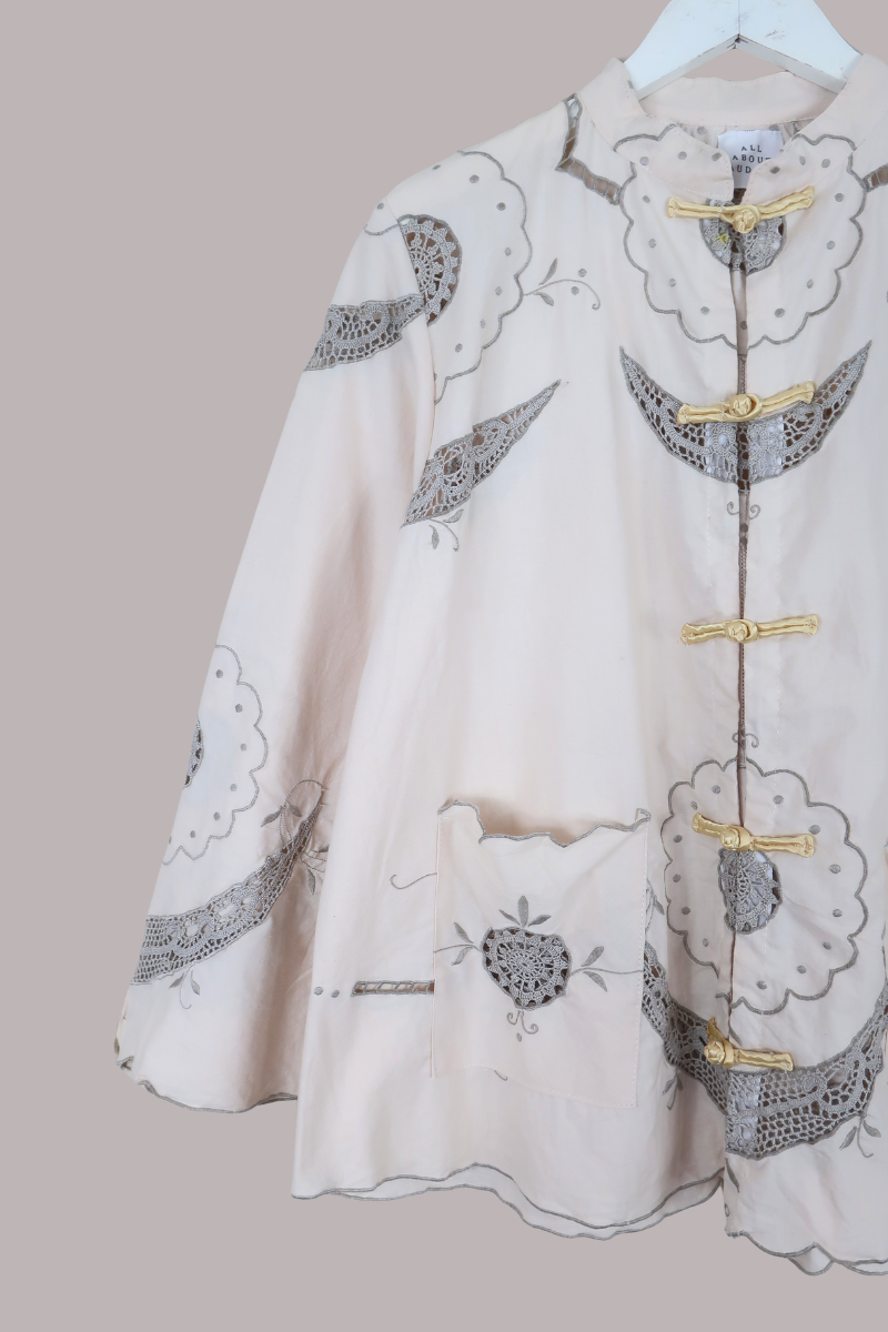 Emmeline Vintage Tablecloth Jacket in Taupe Sunflowers