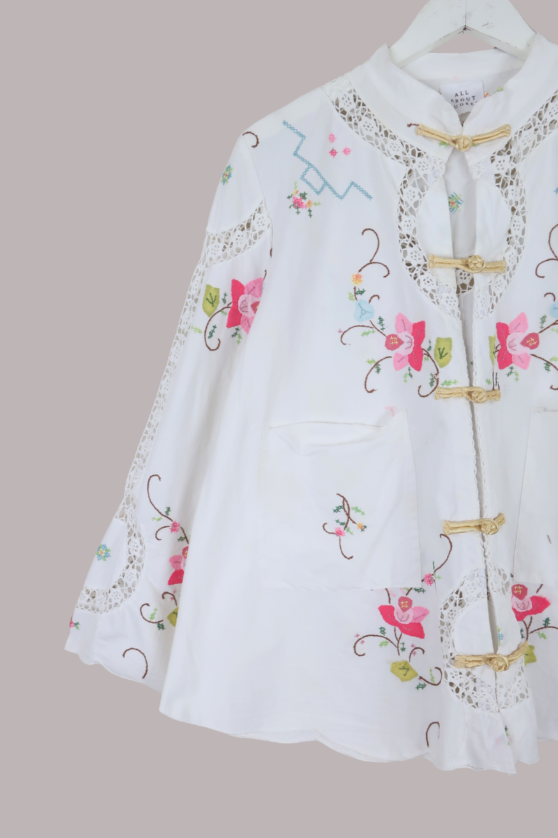 Emmeline Vintage Tablecloth Jacket in French Rose Vines