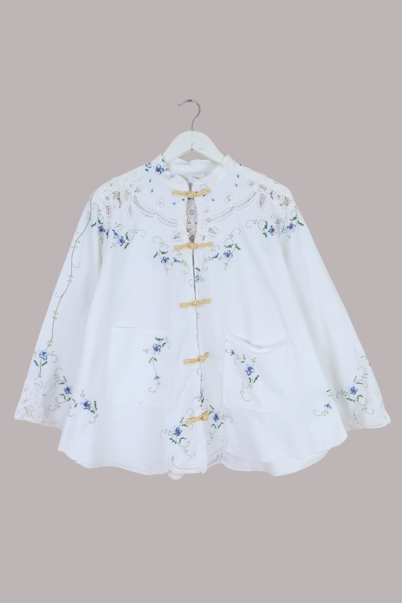 Emmeline Vintage Tablecloth Jacket in Forget-Me-Not Cross Stitch