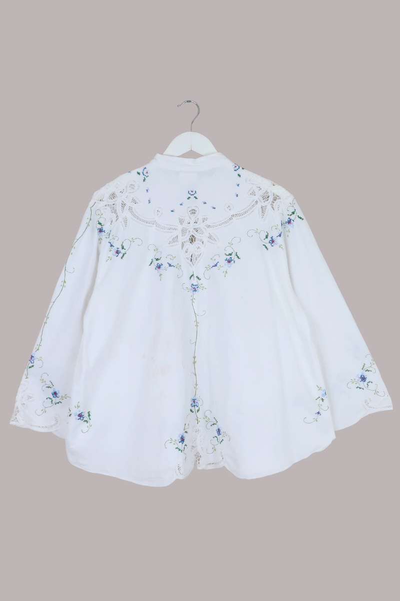 Emmeline Vintage Tablecloth Jacket in Forget-Me-Not Cross Stitch