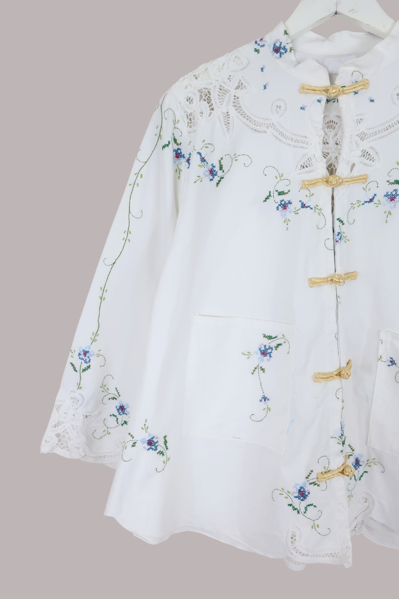Emmeline Vintage Tablecloth Jacket in Forget-Me-Not Cross Stitch