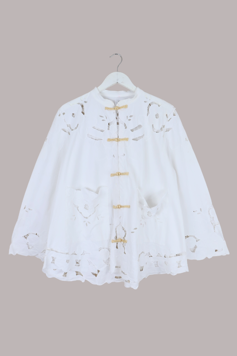 Emmeline Vintage Tablecloth Jacket in White Camelia