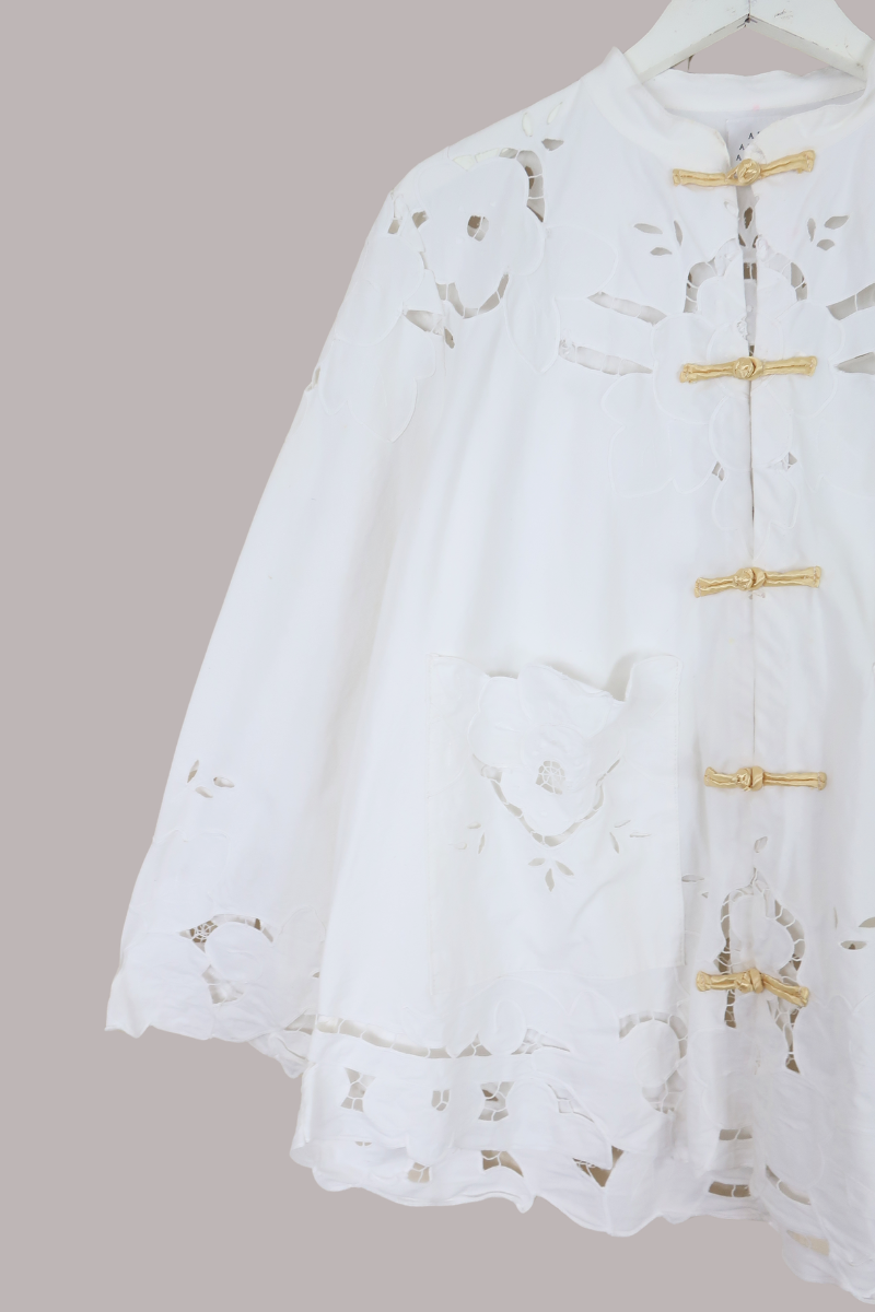 Emmeline Vintage Tablecloth Jacket in White Camelia