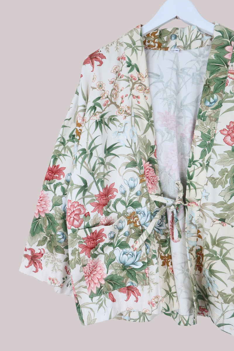 Emmeline Vintage Curtain Jacket in Bamboo & Pink Dahlias